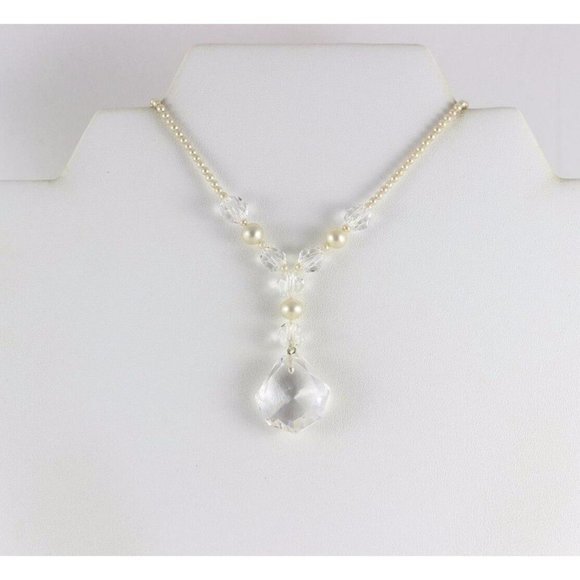 Sterling Silver Seed Pearl and Crystal Necklace 15 inch Chain Antique Victorian - Picture 6 of 9